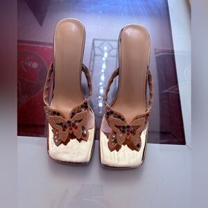 Gold Butterfly Heels Rhinestone Sandals Kitten Heel Slides Size EU 38 / US 7.5–8